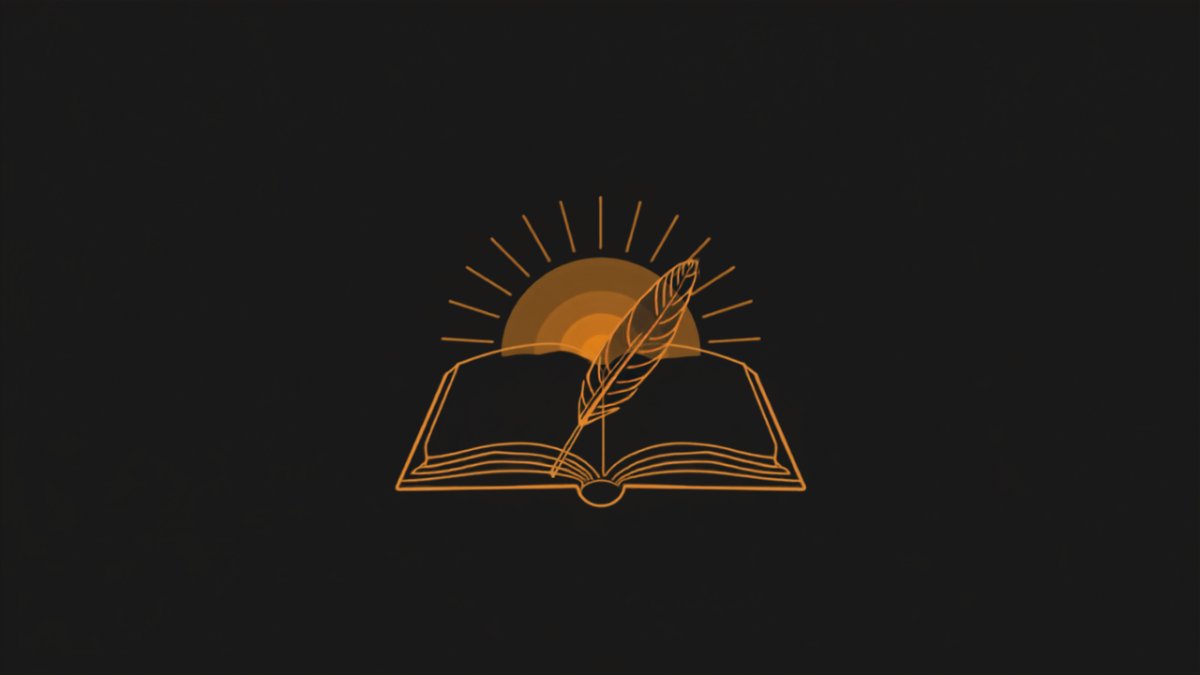 Illustration d'un livre ouvert surmonté d'une plume, sur fond sombre